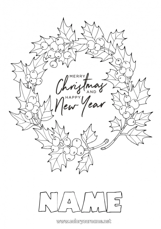 Coloring page to print Christmas Happy new year Holly Mistletoe Crown 