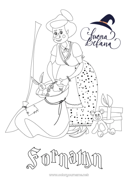 Färgläggningssida att skriva ut Häxa Epifania Befana
