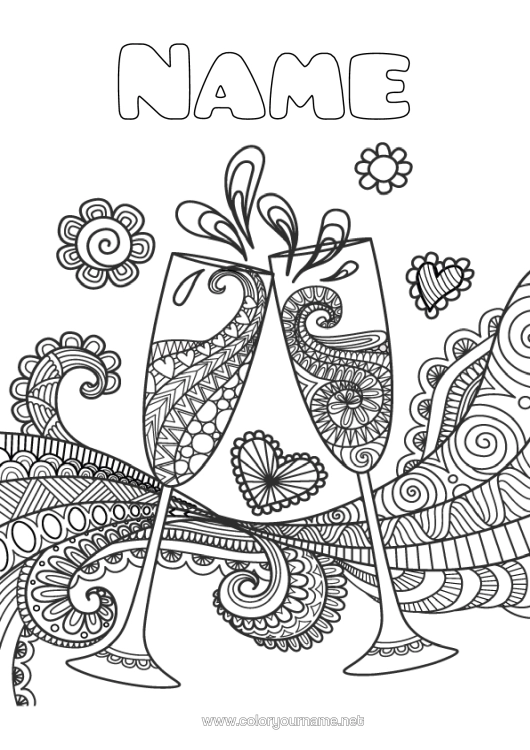 Colouring page to print Birthday Mandala Party Happy New Year Drink Complex Colouring Pages Champagne
