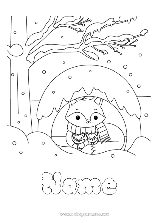 Colouring page to print Snow Winter Fox Animal Forest Animals Scarf Terrier