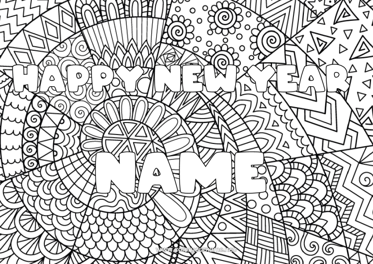 Colouring page to print Happy New Year Decorated Name Zentangle "Happy New Year" Decorative Background Spiral
