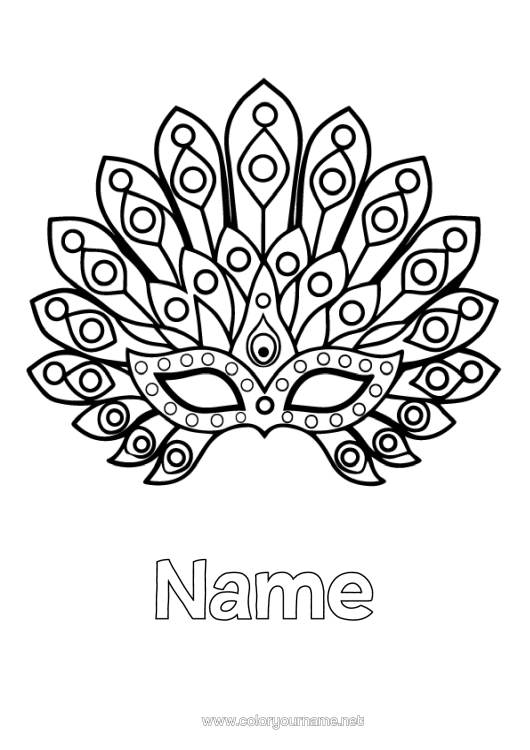 Colouring page to print Disguise Mask Carnival Peacock Birds And Flying Mammals