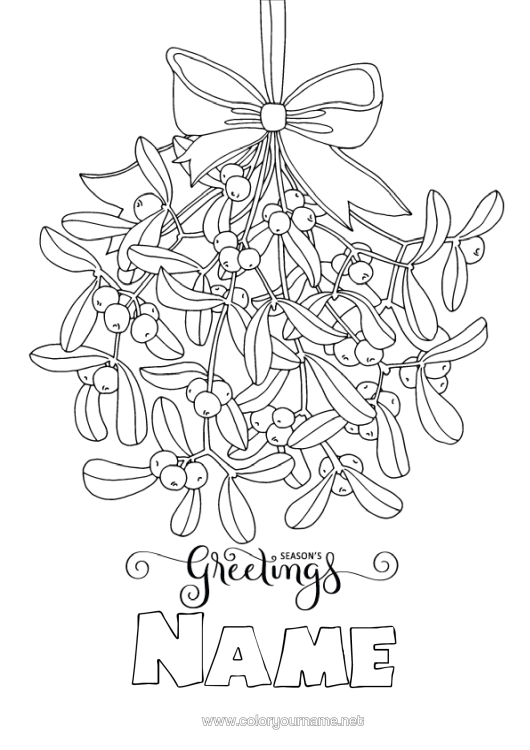Colouring page to print Happy New Year Mistletoe "Happy New Year"
