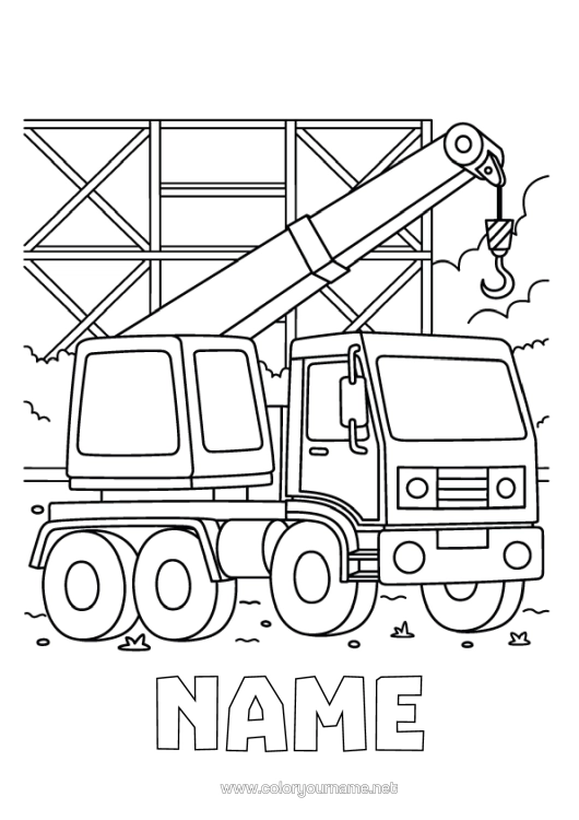 Colouring page to print Vehicles Construction Equipment Lorry-Mounted Crane Construction Trades Site, Construction Crane