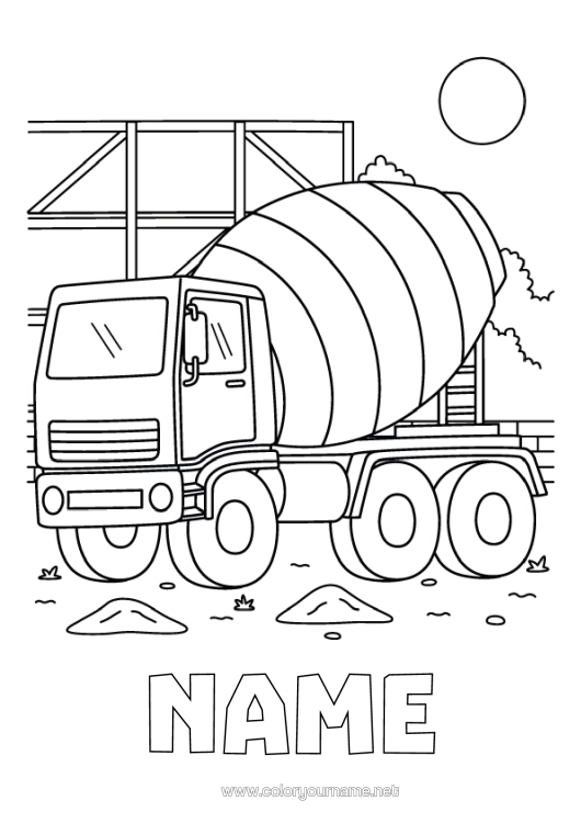 Colouring page to print Vehicles Construction Equipment Concrete Mixer Truck Construction Trades Site, Construction