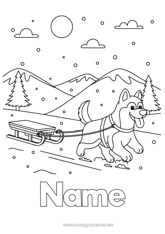 Colouring page to print Sport Snow Winter Sledge Animal Dogs And Cats Winter Sports Husky