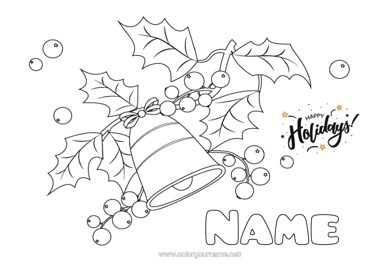 Colouring page to print Christmas Party Happy New Year Bell Holly