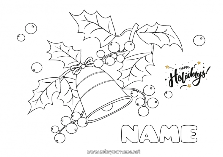 Coloring page to print Christmas Party Happy new year Bell Holly