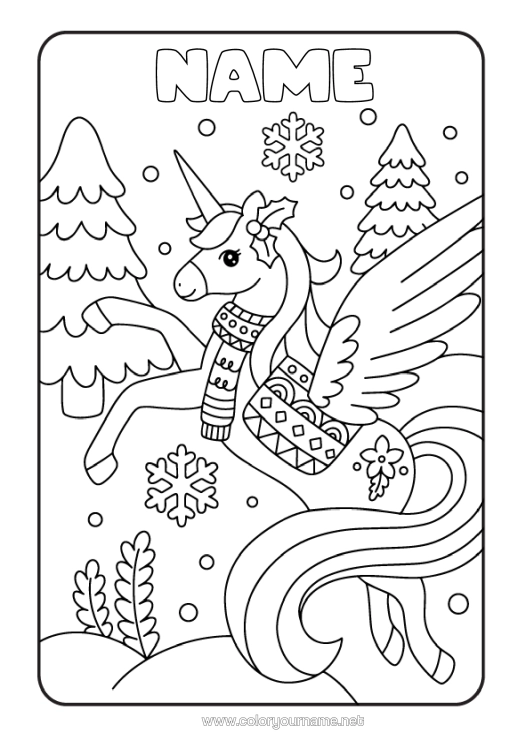 Colouring page to print Winter Unicorn Animal Dragons, Unicorns, And Fantastical Creatures Fir Tree Scarf