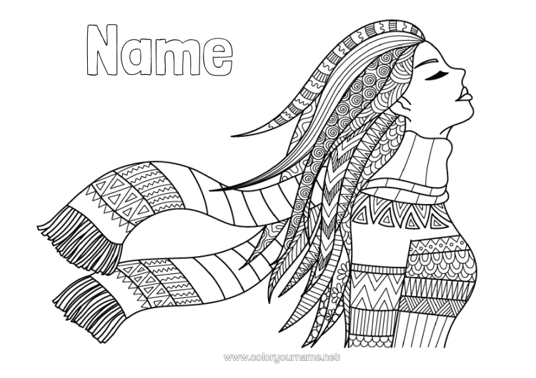 Colouring page to print Winter Girl Sister Zentangle Scarf
