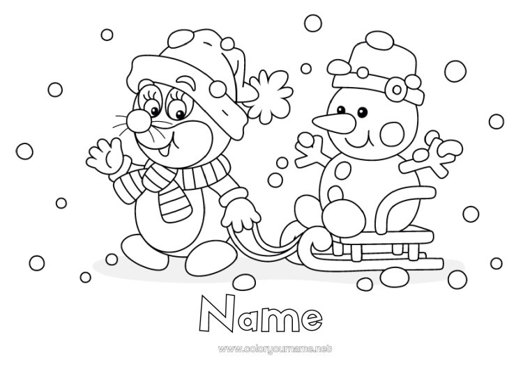 Colouring page to print Snow Winter Snowman Sledge Snowflakes Winter Sports Winter Hat