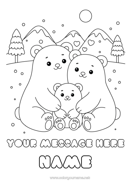 Colouring page to print Bear Snow Winter Dad Mum Child Animal Forest Animals Family Hug