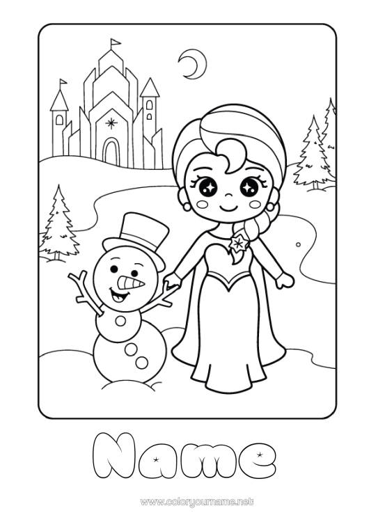 Colouring page to print Winter Snowman Princess Cartoon Famous Princess