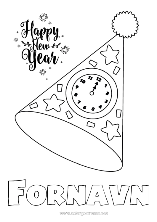 Farvelægningssiden til udskrivning Fest Godt nytår Hat Ur