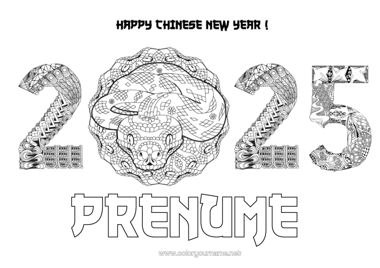 Pagină de colorat de imprimat Mandala La mulți ani! Anul Nou Chinezesc Șarpe Reptile 2025