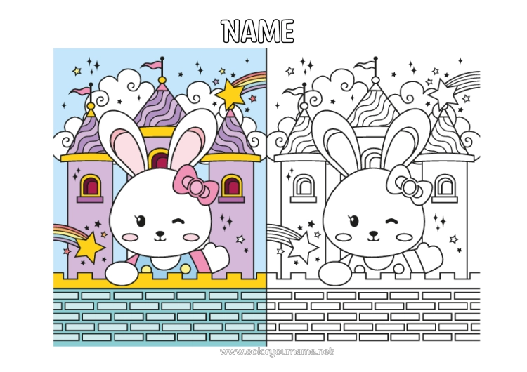 Colouring page to print Castle Cute Rabbit Rainbow Forest Animals Colouring With Template