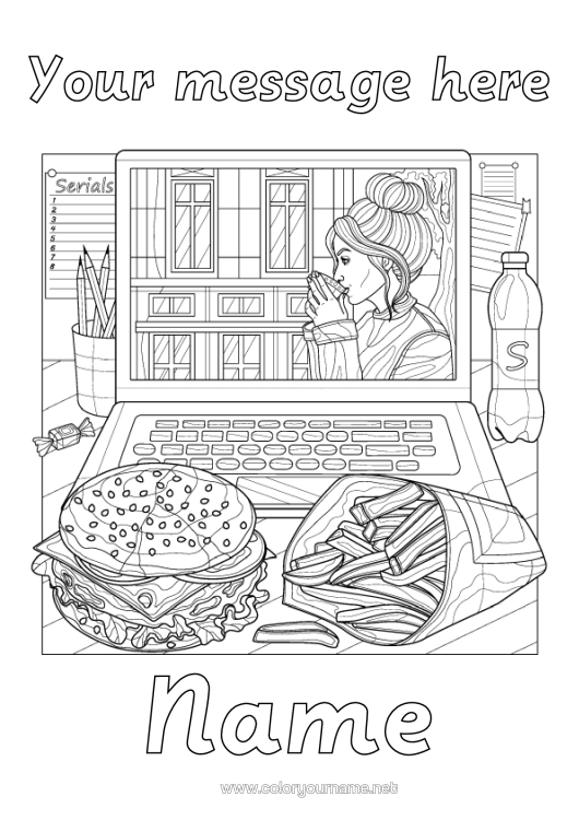 Colouring page to print Girl Sister Drink Fizz Complex Colouring Pages Hamburger Chips Computer