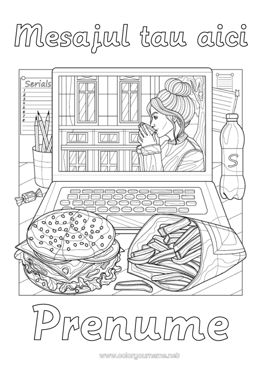 Pagină de colorat de imprimat Fată Sora Băutură Soda Desene de colorat complexe Hamburger Cartofi prăjiți Calculator