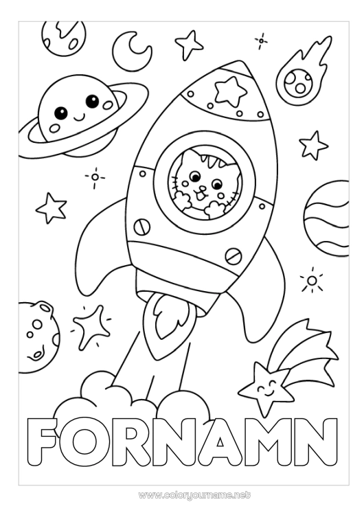 Färgläggningssida att skriva ut Katt Raket Fordon Djur Utrymme Planeter och solsystem Måne Hundar och katter Astronomi Luftfartyg