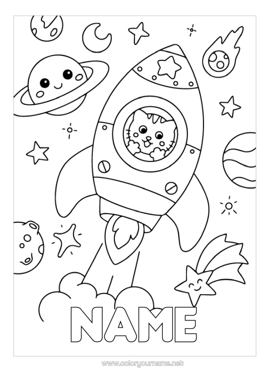 Colouring page to print Cat Rocket Vehicles Animal Space Planets And Solar System Moon Dogs And Cats Astronomy Aerial Vehicles