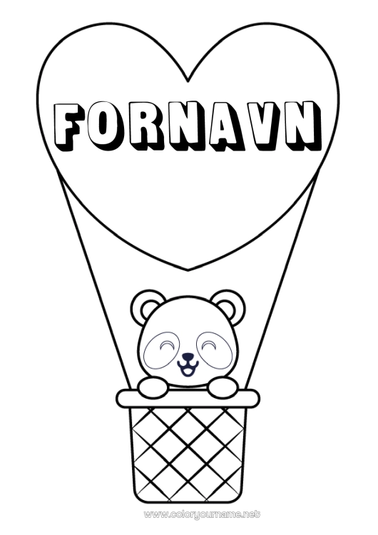 Farvelægningssiden til udskrivning Hjerte Kawaii Køretøjer Dyr Panda Luftballon Andre dyr i verden Luftfartøjer