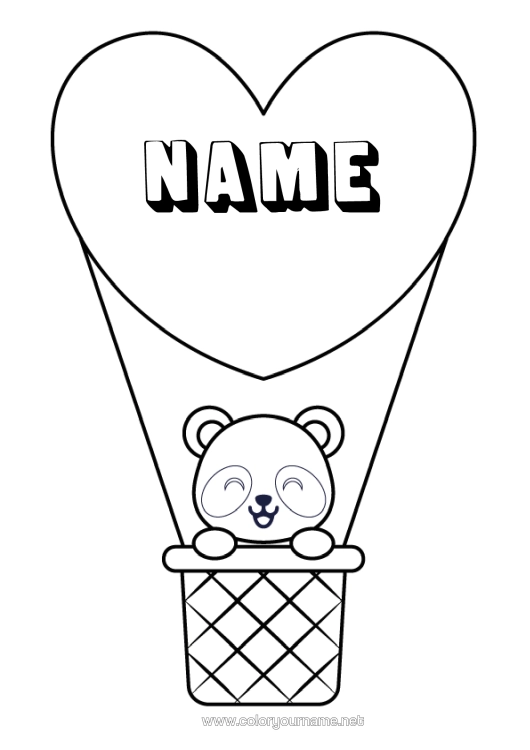 Colouring page to print Heart Cute Vehicles Animal Panda Hot Air Balloon Other Animals Of The World Aerial Vehicles