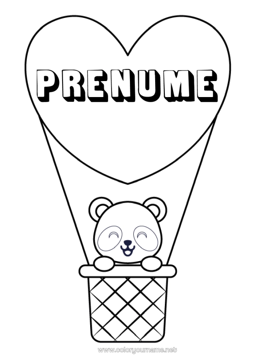 Pagină de colorat de imprimat Inimă Drăguț Vehicule Animal Panda Balon cu aer cald Alte animale din lume Vehicule aeriene