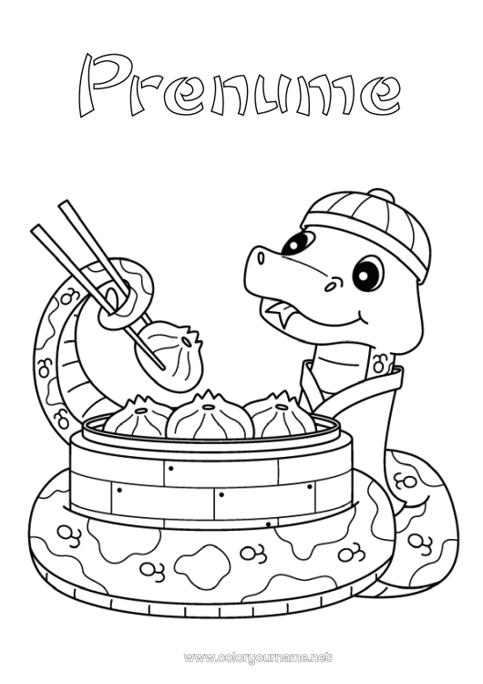 Pagină de colorat de imprimat Animal Anul Nou Chinezesc Șarpe Reptile Dim Sum