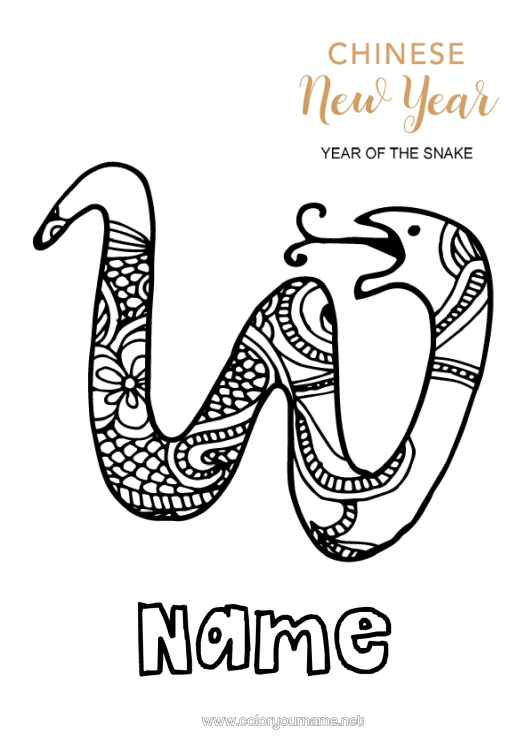 Colouring page to print Mandala Happy New Year Animal Chinese New Year Snake Zentangle Reptiles 2025