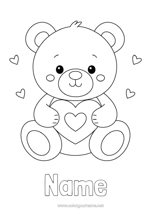 Colouring page to print Bear Cute Heart I Love You. Teddy Bear Valentine's Day Forest Animals Games And Toys Soft Toy