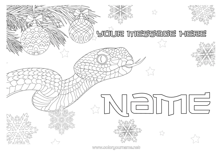 Colouring page to print Christmas Snowflakes Animal Snake Zentangle Reptiles