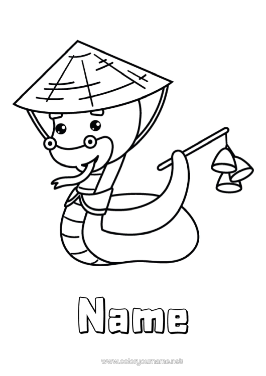 Colouring page to print Animal Chinese New Year Snake Hat Reptiles