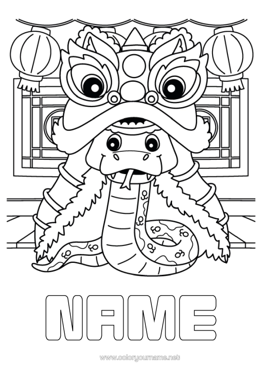 Colouring page to print Party Animal Chinese New Year Chinese Lantern Snake China Reptiles