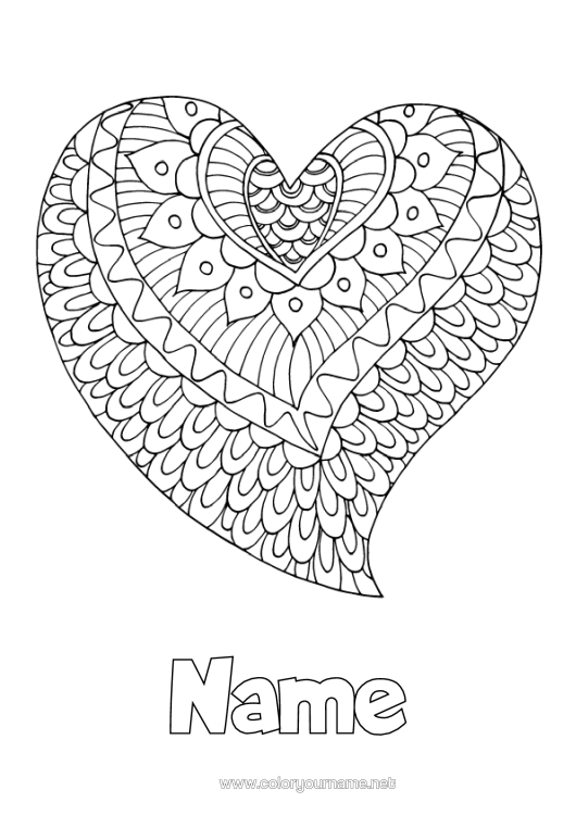 Colouring page to print Heart Mandala Happy Birthday I Love You. Valentine's Day Big Heart