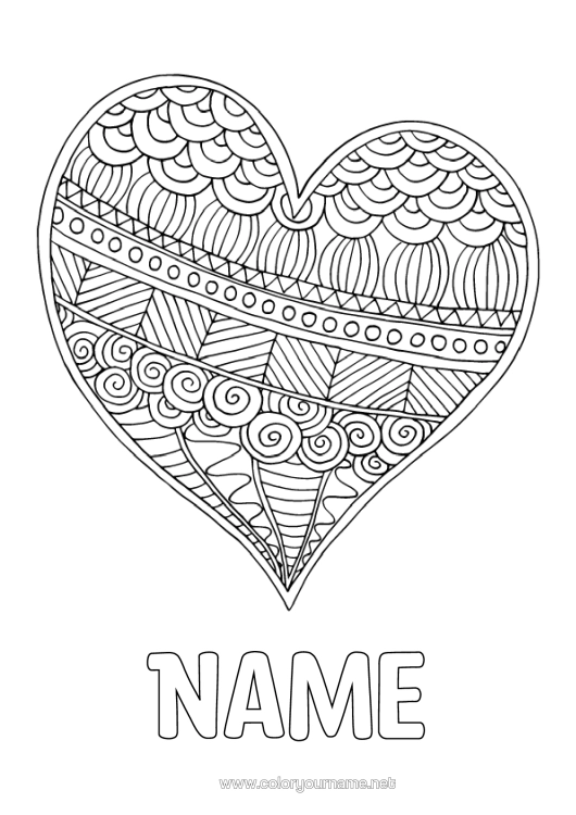 Colouring page to print Heart Mandala Happy Birthday I Love You. Valentine's Day Big Heart