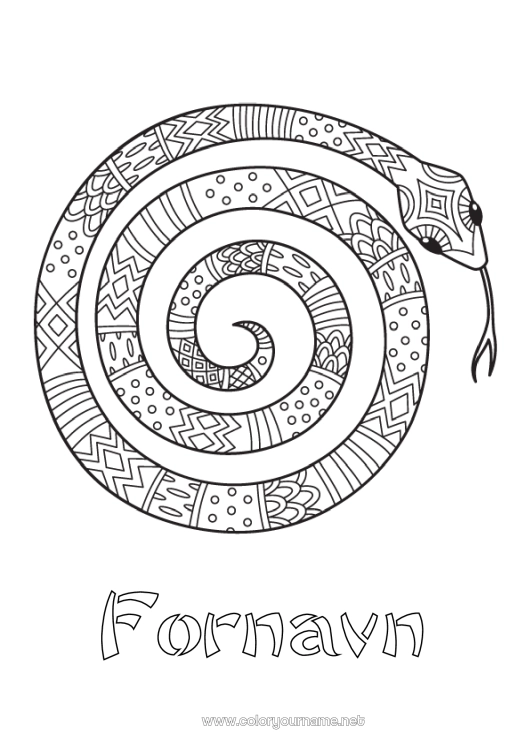 Farvelægningssiden til udskrivning Dyr Slange Mellemliggende farvelægninger Zentangle Reptiler