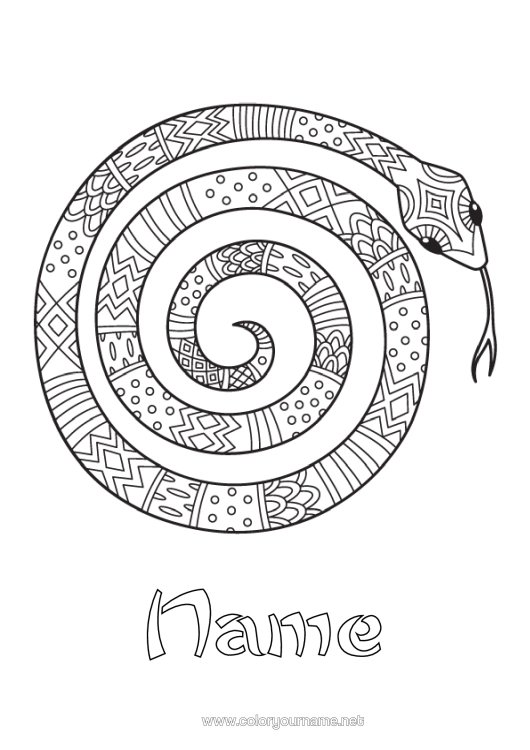 Colouring page to print Animal Snake Intermediate Colouring Sheets Zentangle Reptiles