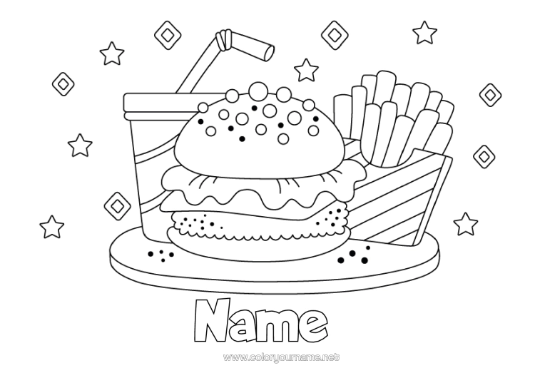 Colouring page to print Drink Fizz Hamburger Chips
