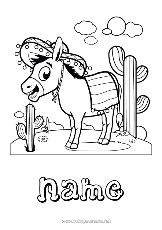 Colouring page to print Animal Cactus Mexico Farm Animals Sombrero Donkey