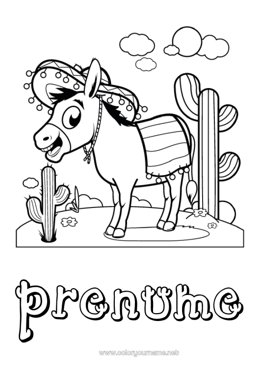 Pagină de colorat de imprimat Animal Cactus Mexic Animale de fermă Sombrero Măgar