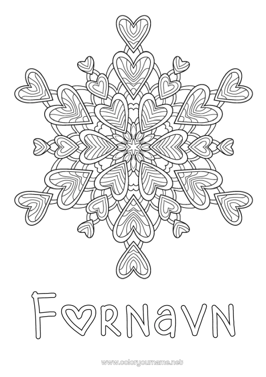 Fargeleggingssiden til utskrift Hjerte Mandala Jeg elsker deg. Snøfnugg
