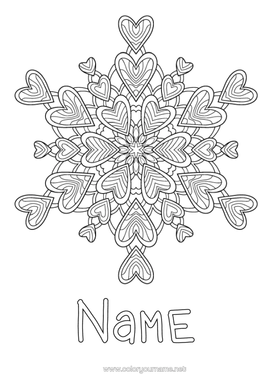 Colouring page to print Heart Mandala I Love You. Snowflakes