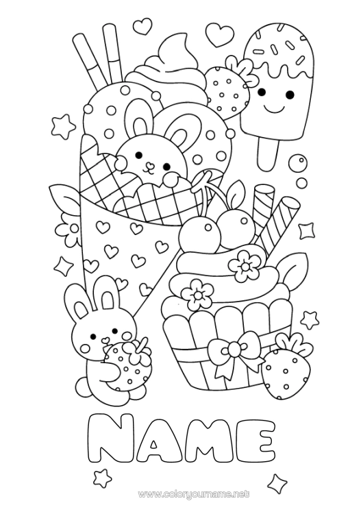 Colouring page to print Cake Cute Rabbit Fruit Treats, Sweets Ice Cream Fairy Cake Strawberry Forest Animals