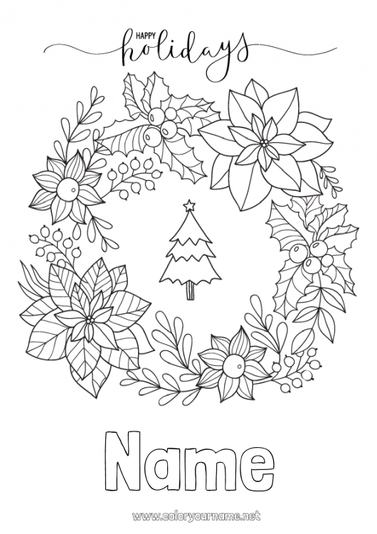 Coloring page to print Christmas tree Christmas wreath Holly Poinsettia Poinsettia