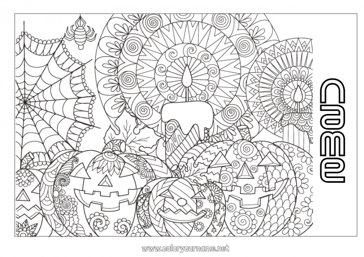 Coloring page to print Candle Pumpkin Halloween Mandala