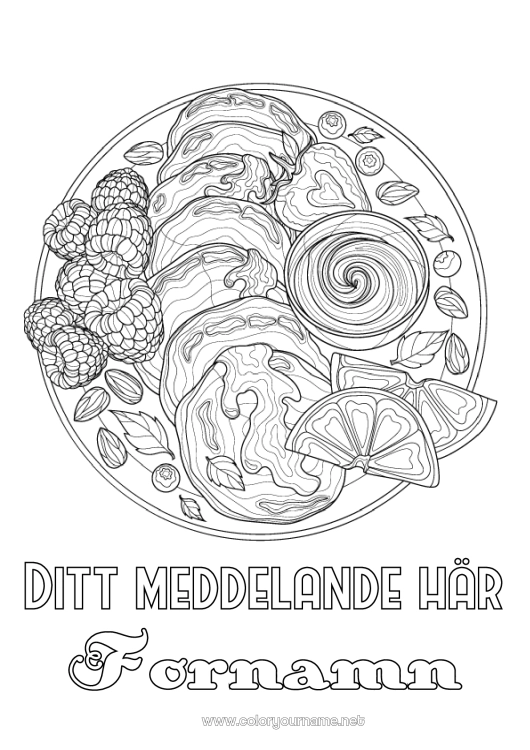 Färgläggningssida att skriva ut Kyndelsmässan Pannkakor Frukter Komplexa målarbilder Zentangle Orange
