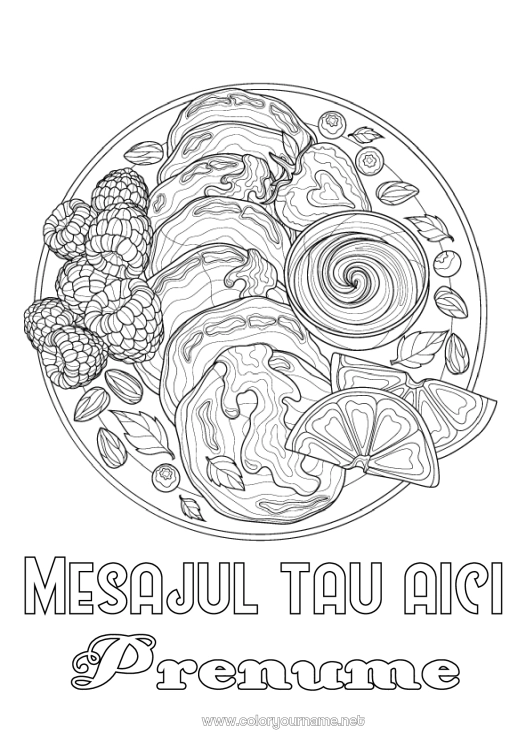 Pagină de colorat de imprimat Crăciunul clătitelor Clătite Fructe Desene de colorat complexe Zentangle Portocalie