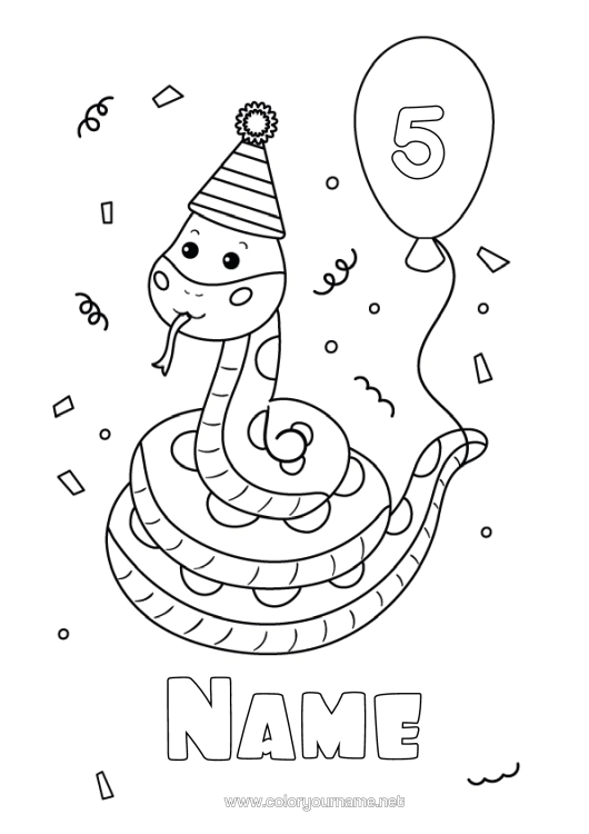 Colouring page to print Birthday Balloons Party Animal Snake Customisable Age Celebrated Reptiles