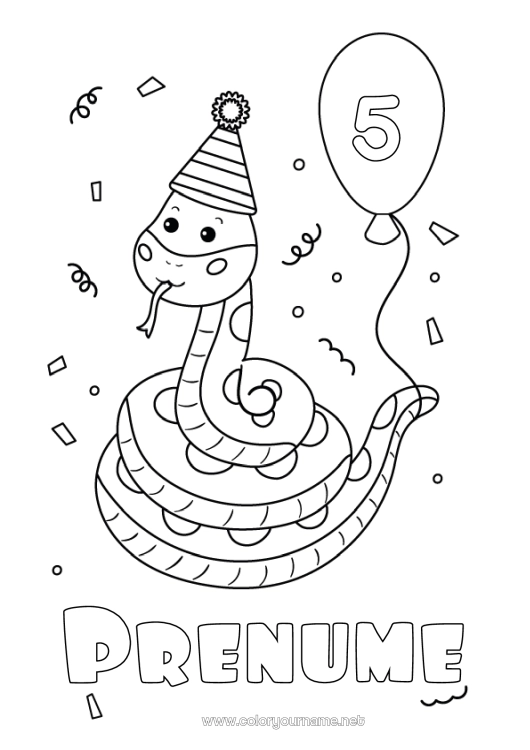 Pagină de colorat de imprimat Aniversare Baloane Sărbătoare Animal Șarpe Vârstă personalizabilă de sărbătorit Reptile