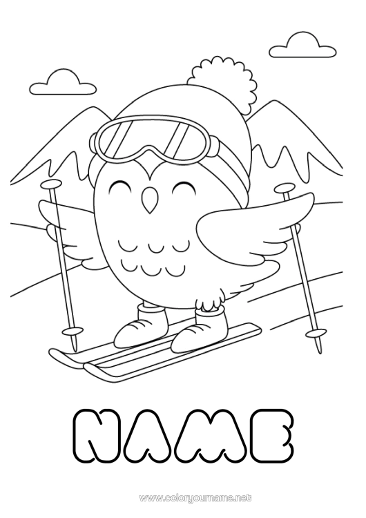 Colouring page to print Sport Snow Bird Owl, Tawny Owl Animal Birds And Flying Mammals Ski Winter Sports Mountain